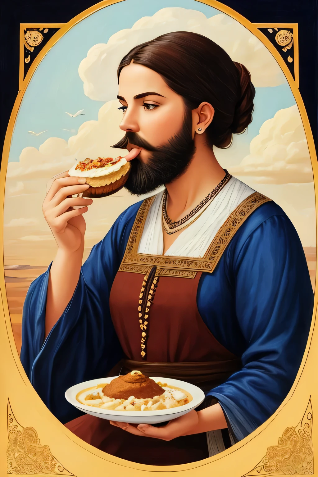 A bearded woman is eating on a cloud