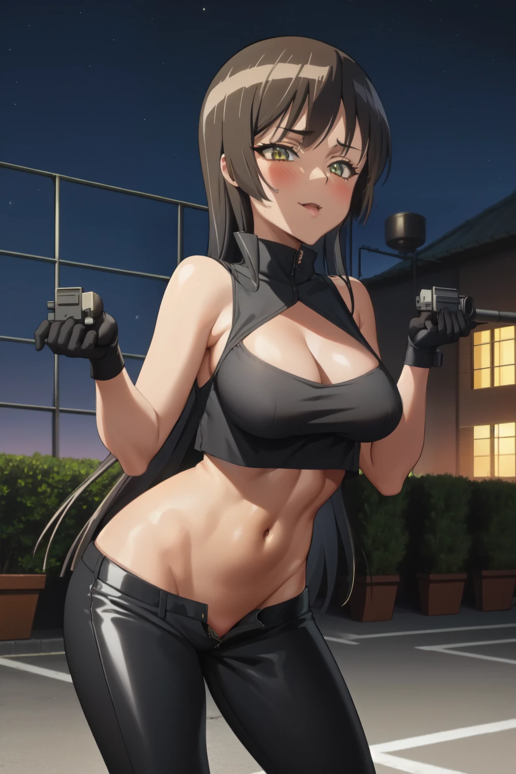 1girl, solo, Souryuuin Akemi, long hair, hime cut, standing, blush, lipstick, outdoors, rooftop, cityscape, building, railing, night, night sky, scenery, city lights, fur trim, mature female, gloves, fur-trimmed coat, masterpiece, best quality, highly detailed, a girls with a , evil smile , open mouth, sexze, badass
pose , evil smile, smile, guns blng, anime girl with long hair, beautiful long
haired girl, navel, evil expression, exposed belly, exposed navel, exposed midriff, exposed lower belly,
long black pants, crop top, cleavage, unbuttoned leather pants ,open fly, low rise black leather pants,
leather jacket, holding a gun , navpiercing