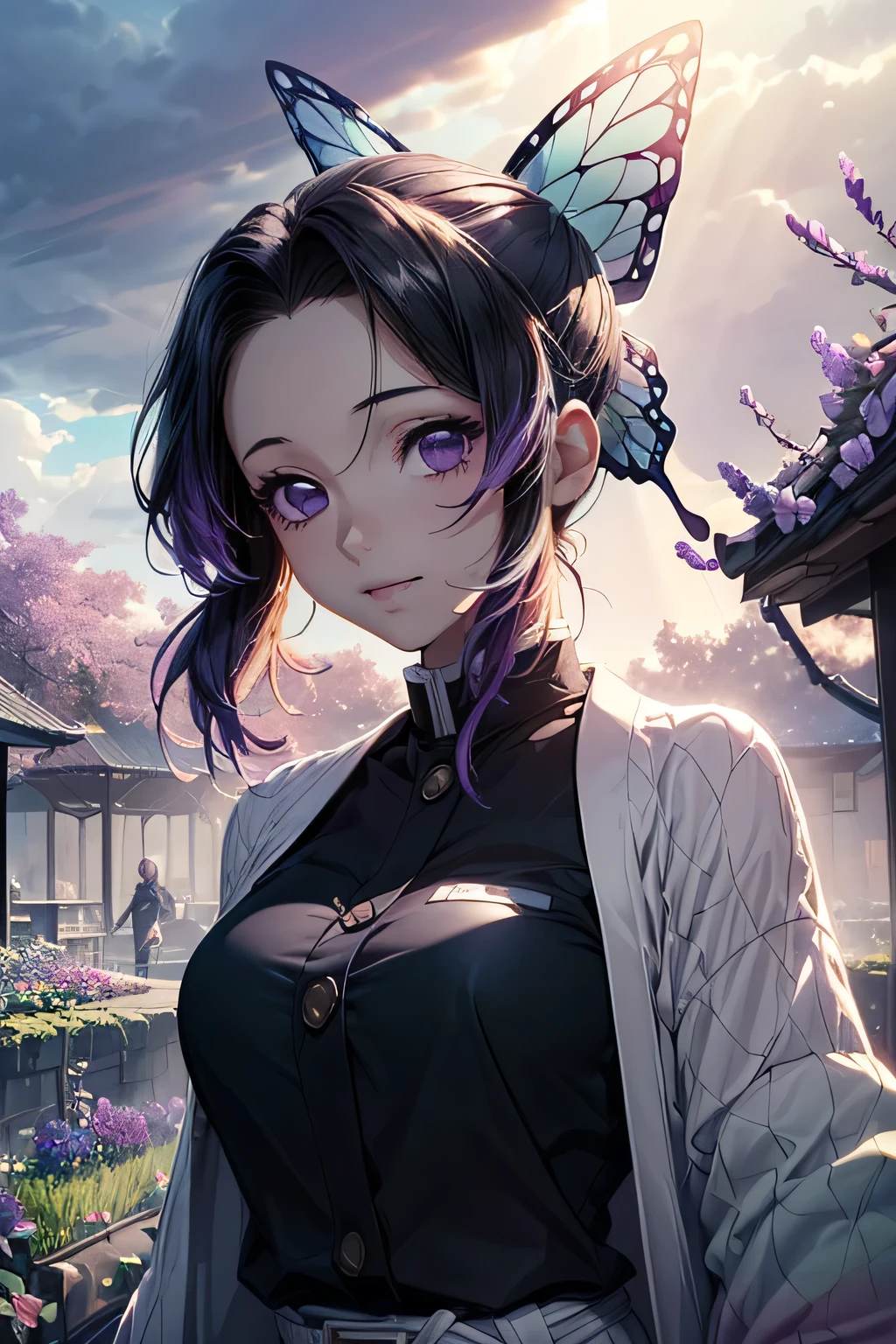 Ultra-realistic 8K CG, tmasterpiece, ( (Ultra detailed backgrounds, delicate patterns, Complicated details)
Best
quality at best, very vey very detailed face, very detailed eyes and faces, Very detailed eyes, Kochou Shinobu, O cabelo multicolorido, No bangs, hair intakes, Purple eye, haori, butterflys, obi strip, (trpical garden: 1.2) , purple flower, mostly cloudy sky, rays of sunshine, Tyndall effect, Gradient_sky, the face, beautiful sky, Saber on the waist, captivating posture,