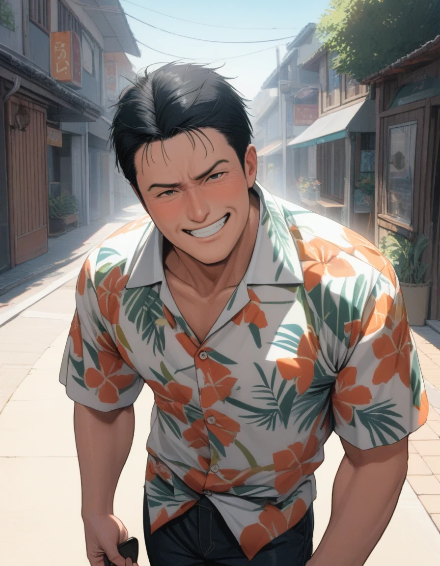 1man, reportage writer, masculineuncle, 35yo, middle-muscular, black hair, short hair, little bangs, forehead, square shaped face, friendly, loose mature, charming sanpaku, black eyes, ordinary, dandy, soft chinpira, ugly face, solo, upperlegs, aloha shirt, charming smile, standing, 1990s, extreme all detailed, 8k, sharp vision, masterpiece, best quality