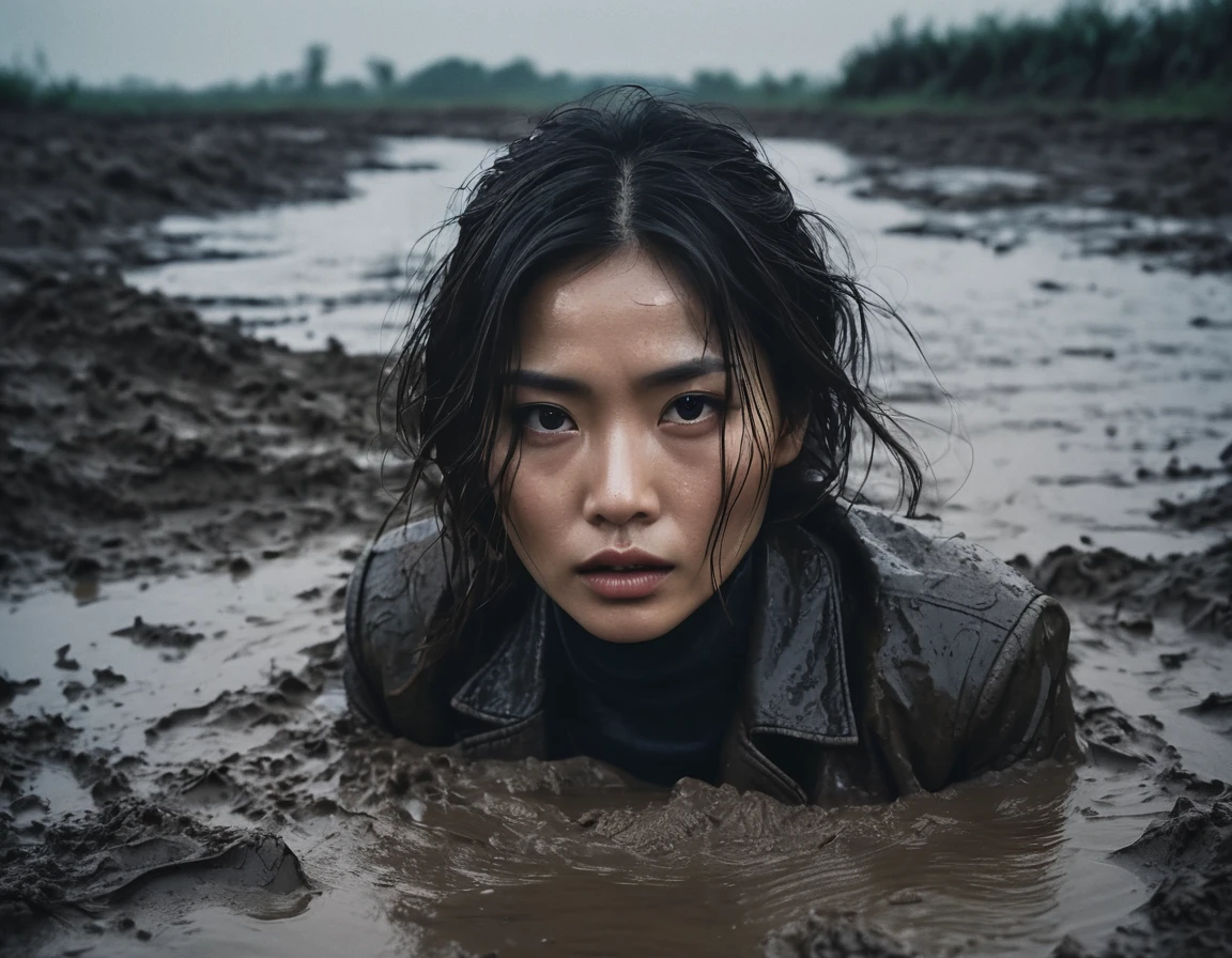 8k, ultra-detailed, from afar view:1.2, documentary drama photo, grainy film photo, masterpiece,muted colors, muffled light, dusk, rainy, moody, noir, drowning, woman messy head completely drown in mud hole, shame expression, beautiful long brunette hair, depraved outfit,asian:0.5, from above view, faded leather jacket, messy light turtleneck:1.1,