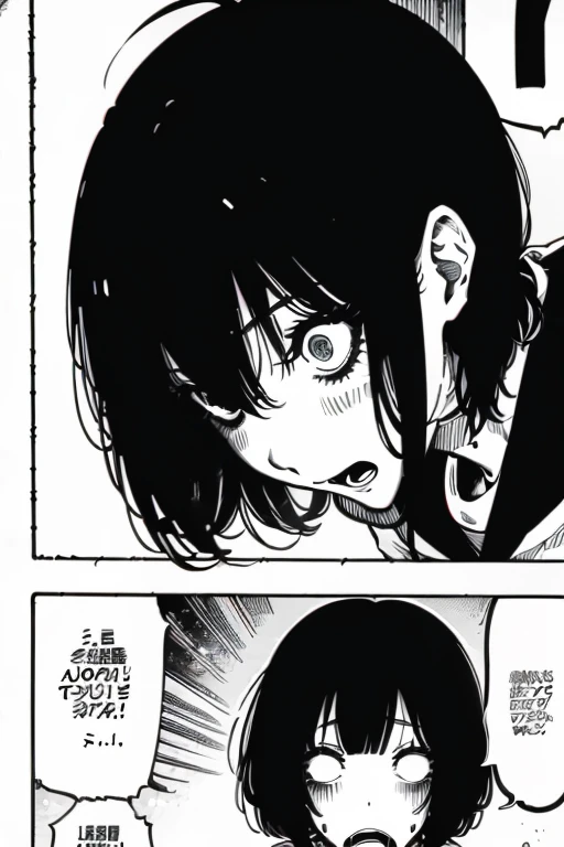 Girl with short black hair and bangs screaming in agony, manga page with panels and dialogue