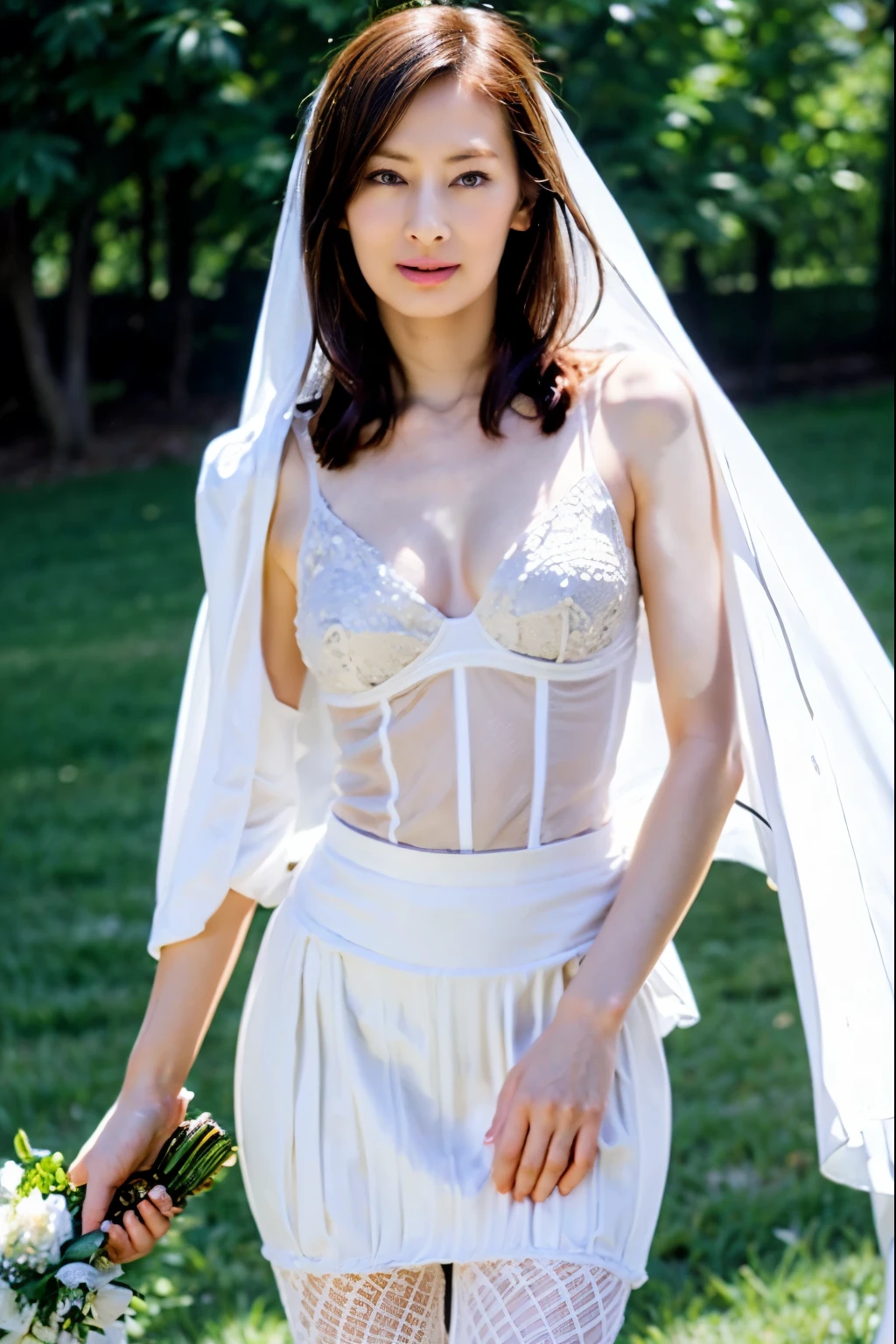 Naked Bride." shape, Big Breasts, Beautiful nipples, Perfect body, whole body , Church wedding, (((There were many participants behind her...))). (((white transparent wedding dress, Cape, Veil, Loose fitting white corset, Transparent Micro Panties, Transparent Micro Bra, Fishnet tights.))) . Thick pubic hair. ,(highest quality, 4K, 8k, High resolution, Tabletop:1.2), Very detailed, (Realistic, Realistic, Realistic:1.37), Royal, attractive, (Vibrant colors, Sharp Chest:1.1), Soft lighting"Writhing expression. The most beautiful woman in town.