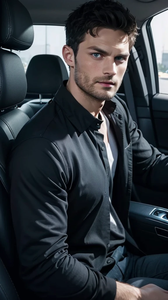 a close up of a person in a car with a black shirt, Jamie Dornan headshot profile picture, wan adorable face, young handsome man, looking at the camera, 8k realistic photo of actor with sharp eyes with sharp jaw line
