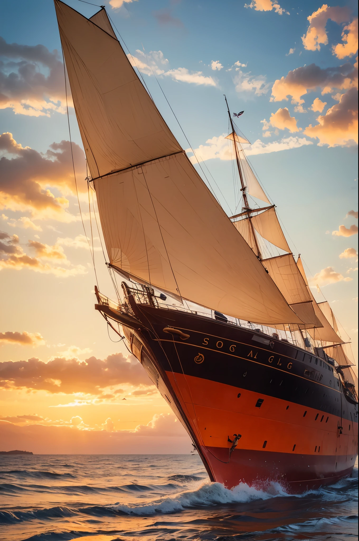 A stunning cinematic wildlife photograph capturing a majestic three-masted ship gliding gracefully on an orange ocean, bathed in warm hues of sunlight. There stands "Bathou" and "Neu-Seeburg". The ship's sails billow gently in the breeze, while the wooden deck and ropes cast intricate shadows. Seabirds fly overhead, adding a dynamic element to the scene, and the distant horizon is a blend of fiery oranges and soft yellows. The overall atmosphere evokes a sense of adventure and exploration in a realm of warm, vibrant colors., cinematic, wildlife photography