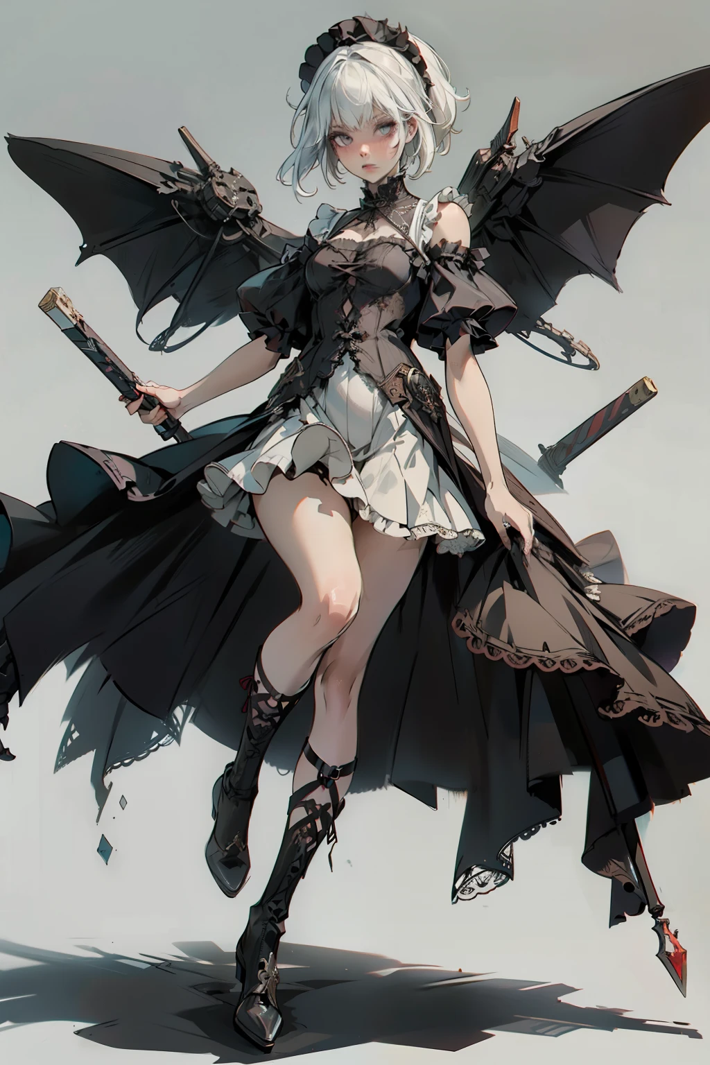 ((best quality)), ((masterpiece)), (detailed), blank white background, plain background, white background, red and white clothing, Bloodborne aesthetic,  occult aesthetic, occult, occult paraphernalia, detailed and intricate steampunk and detailed gothic, NSFW, Very dramatic and cinematic lighting, cosmic horror, grim-dark, side-lighting, perfect face, NSFW, Fluttering lace flared long knee length dress with frilly petticoats, knee length dress, pleated petticoats, lolita dress, petticoats gothic lolita, complex lace boots, side-lighting, gothic lolita aesthetic, wielding mighty mechanical melee weapons, mechanical components, carbine, NSFW, beautiful small breasts, small breasts, full body, whole body, body, plain background, white background, blank background, no background, white background NSFW, full body, whole body, head-to-toe dynamic poses NSFW