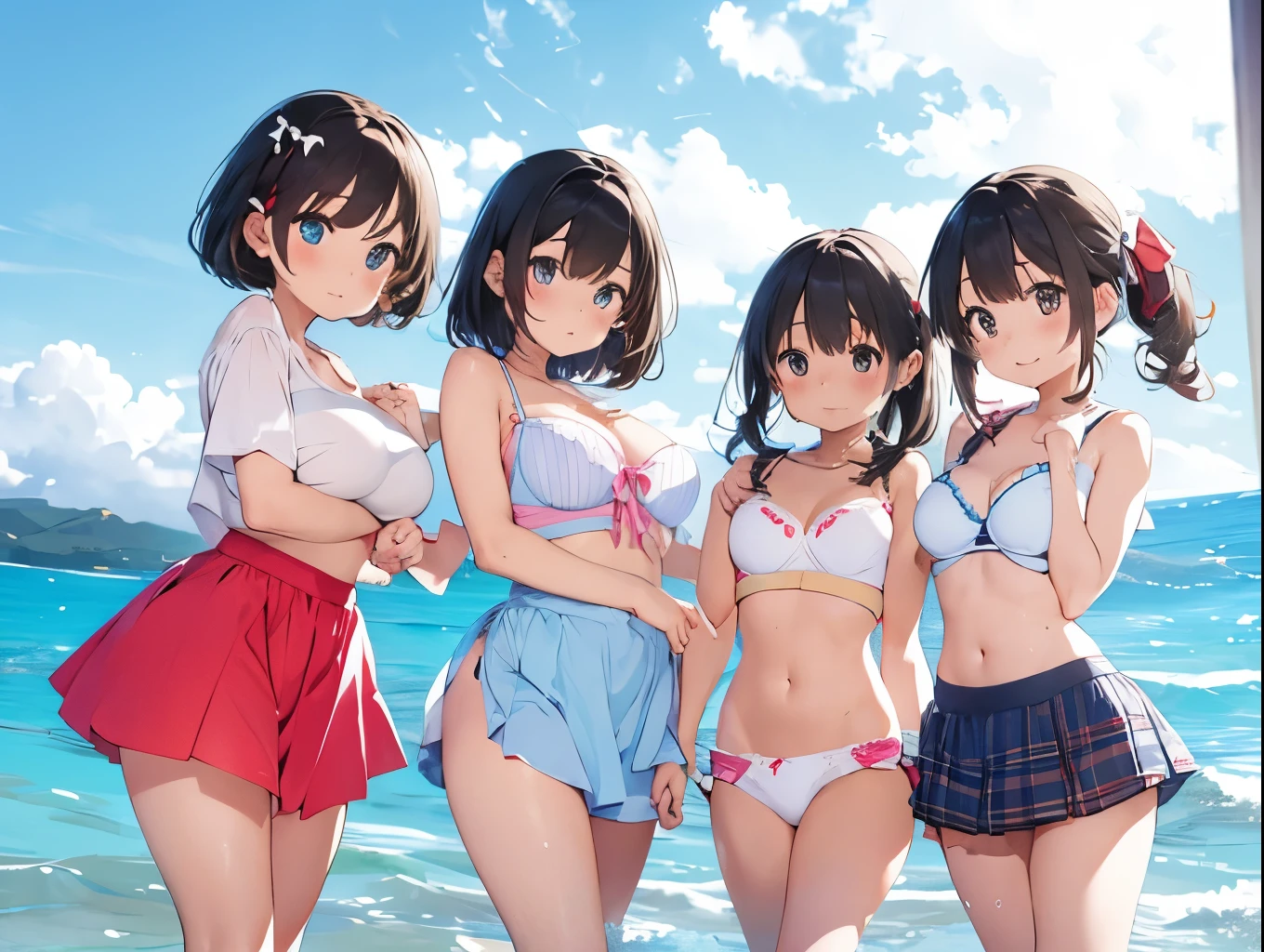 Four sisters with big breasts wearing cute underwear and cute bras、Cute underwear visible when light blue skirt is lifted、A bra clinging to a plain, soaked white T-shirt、Soaking wet T-shirt、White and light blue checked bra、White underwear with cute ribbon、Sandy beach, calm and clear sea and blue sky、barefoot