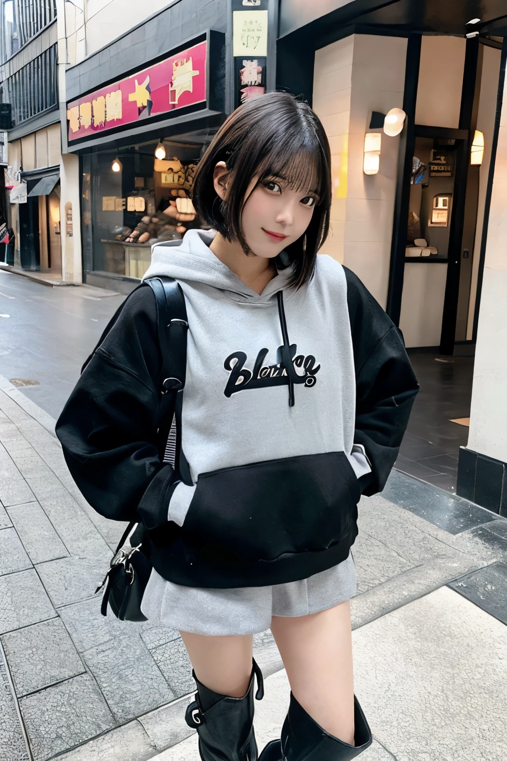 One girl、black hair、short hair、Logo hoodie(gray)、hot pants(black)、boots with buckles(black)、indoor、Earthen floor、Showa Retro、Mom-and-pop candy store、While walking