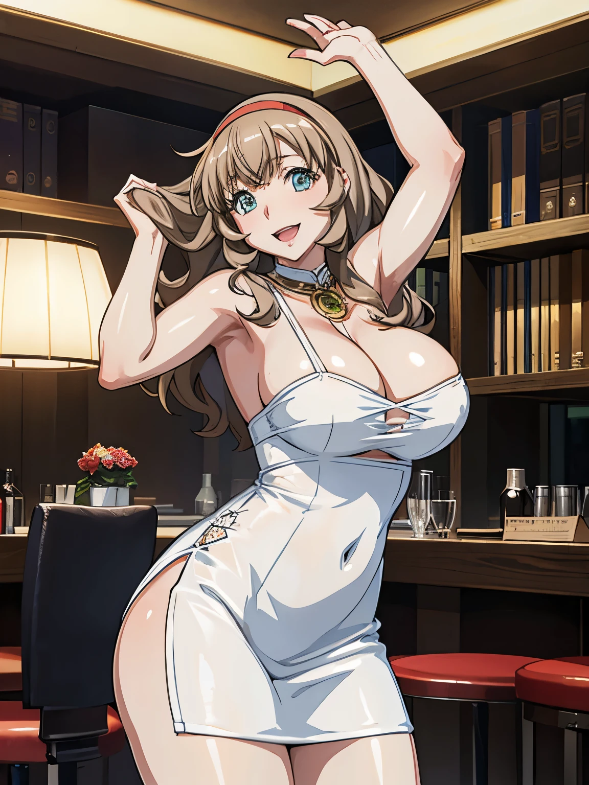 masterpiece, Best Quality,1girl in, (Solo:1.3),(huge-breasted:1),Smile,in nightclub :1.3),standing on,A smile,Opening Mouth,sexy night dress,sexy pose,show off nipple,
