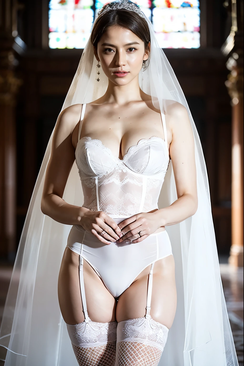 Naked Bride." shape, Big Breasts, Beautiful nipples, Perfect body, whole body , Church wedding,  (((There were many participants behind her...))).  (((white transparent wedding dress, Cape, Veil, Loose fitting white corset, Transparent Micro Panties, Transparent Micro Bra, Fishnet tights.))) . Thick pubic hair. ,(highest quality, 4K, 8k, High resolution, Tabletop:1.2), Very detailed, (Realistic, Realistic, Realistic:1.37), Royal, attractive, (Vibrant colors, Sharp Chest:1.1), Soft lighting"Writhing expression. The most beautiful woman in town.