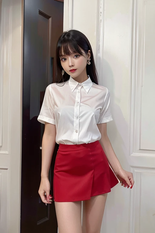 highest quality、masterpiece、High sensitivity、High resolution、Slim Body、Red mini skirt、white round collar shirt、Red pumps、