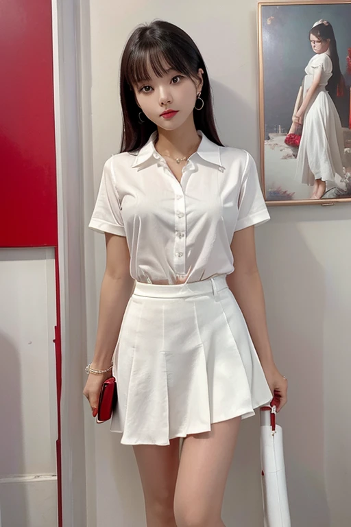 highest quality、masterpiece、High sensitivity、High resolution、Slim Body、Red mini skirt、white round collar shirt、Red pumps、