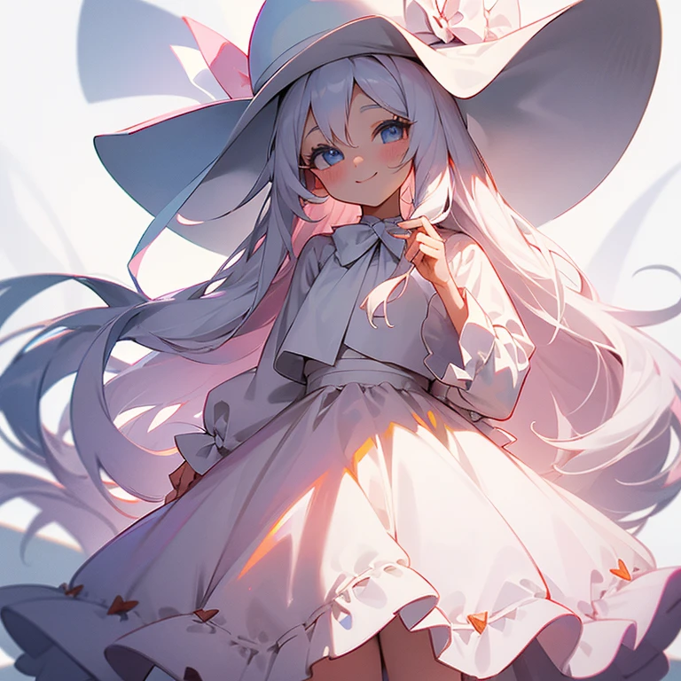 Headshot,,long white hair,big eyes,Smile,Off-white hat,The light pink dress has a white bow on the neckline,skirt