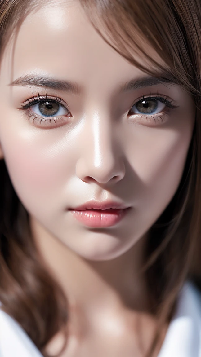 (the most absurd quality perfect eyes), ((natural super beautiful cute sharp-face)), (light pale complexion), ((clear no blur and sharp perfect round realistic brown_eyes:1.25)super detail), finely detailed pupils, detailed lips:1.3, [pink_lipstick:1.3]