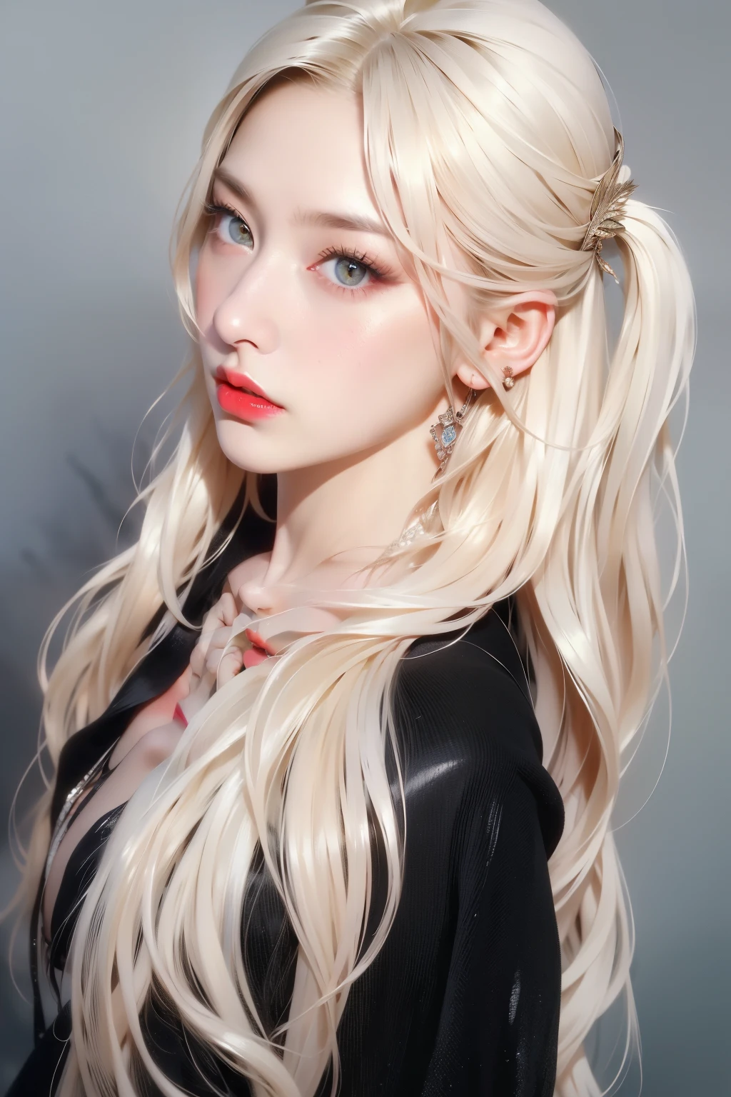 (8K, 4K, best quality, mackerel, ultra high resolution:1.1), (masterpiece, realistic, photo-realistic:1.1), 1 woman, face, enlargement, twin tail, blonde hair, black eye, red lips, (looking at viewer:2), ridiculously long hair, long eyelashes, eye shadow, small face, big eyes,
bare shoulders,
high contrast,