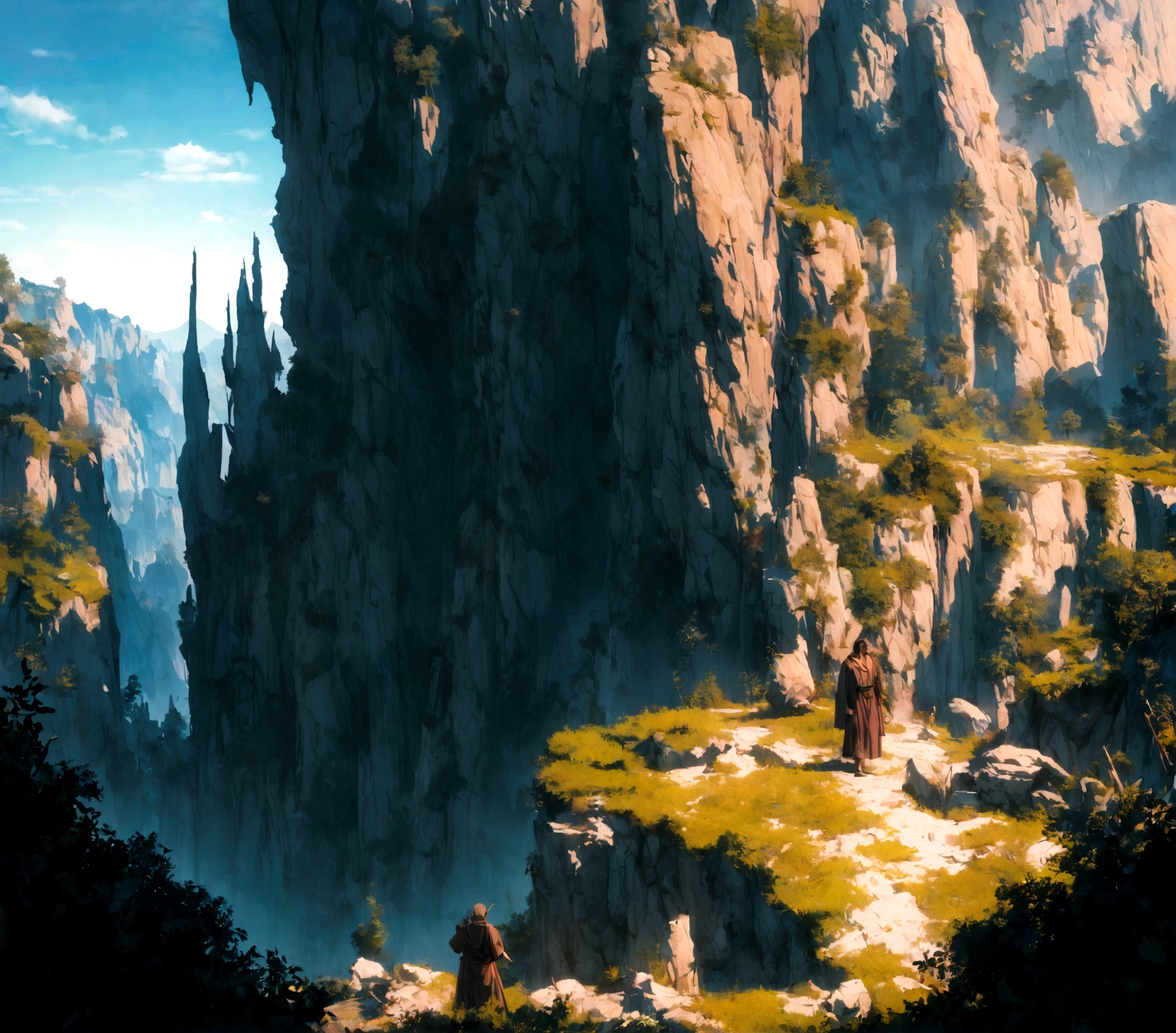 A Greek warrior, (wearing a robe), standing at a precipice, (in front of a deep uncharted wilderness), 8k