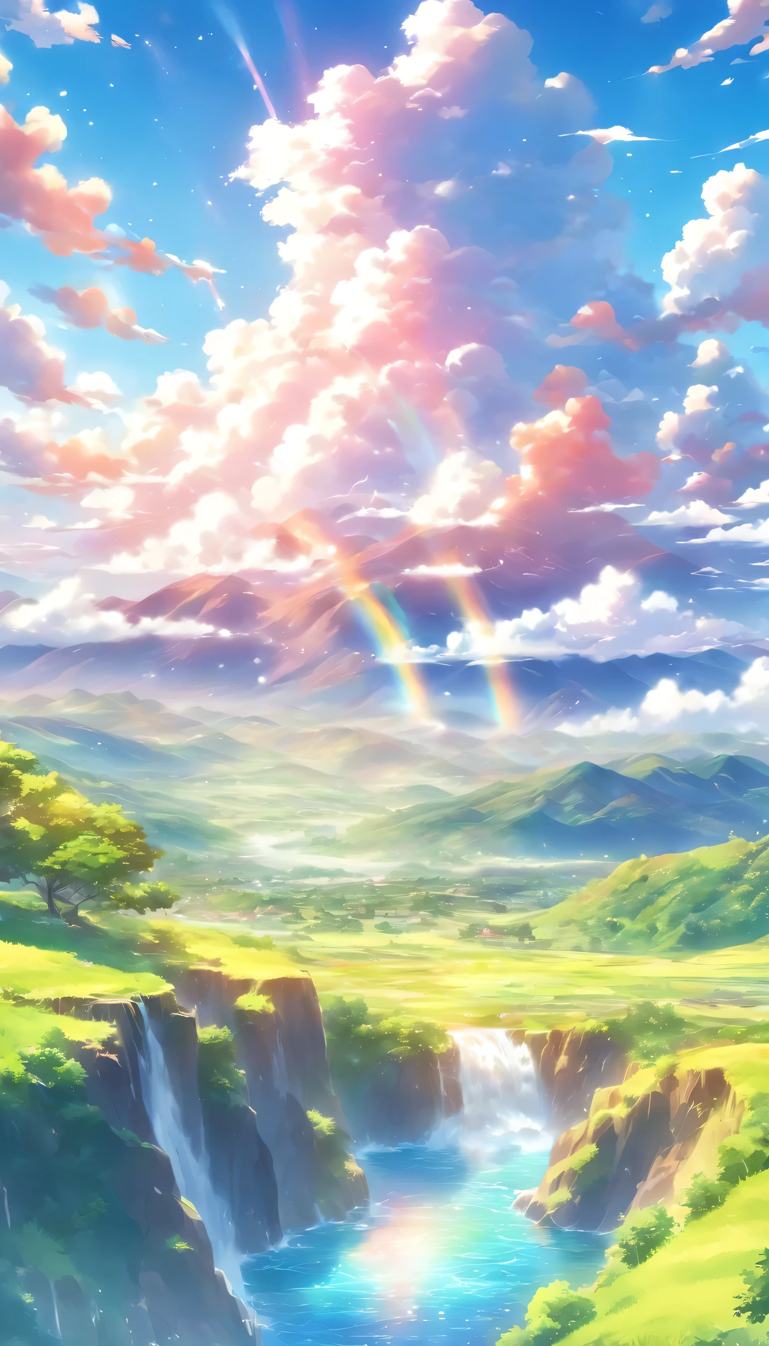 Beautiful Landscape, Vibrant colors, Bright sunlight, rainbow, Fluffy white clouds, Lush pastures, Shining River, Majestic Mountain々