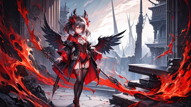 (Top quality), (Super detail), (Hi-res) One cute Tantra dark angel meditation girl, red eyes, small nose, Black and red wings, colored inner messy hair, full body Tantra tatto, metallic sexy body stockings, gothic costume, Magic Circle, Elemental, quality, gothic room, UHD, from above