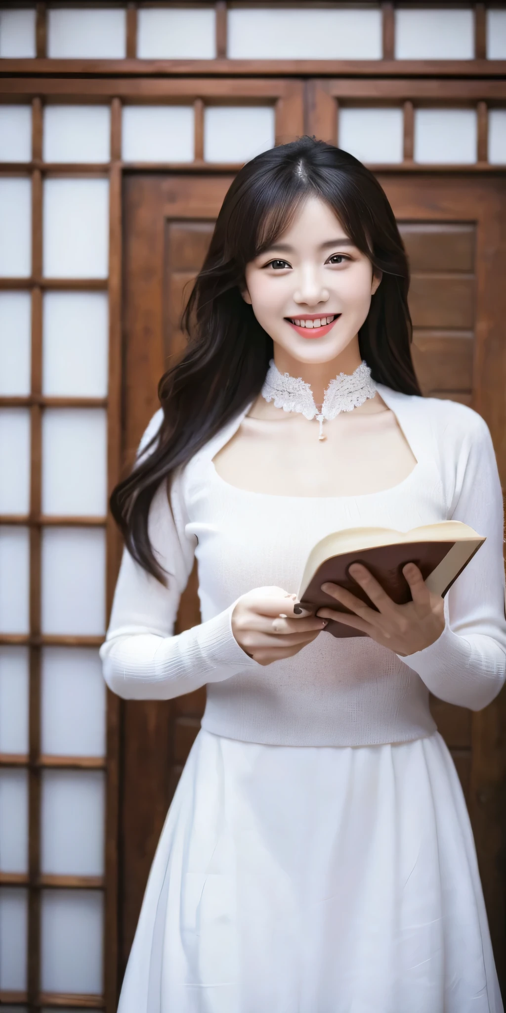 An elegant and intellectual classical Chinese woman, wearing a bellyband, standing at the door with a smile on her face, her skin is more radiant than snow, and her eyes are like a pool of clear water. There is a faint air of books.