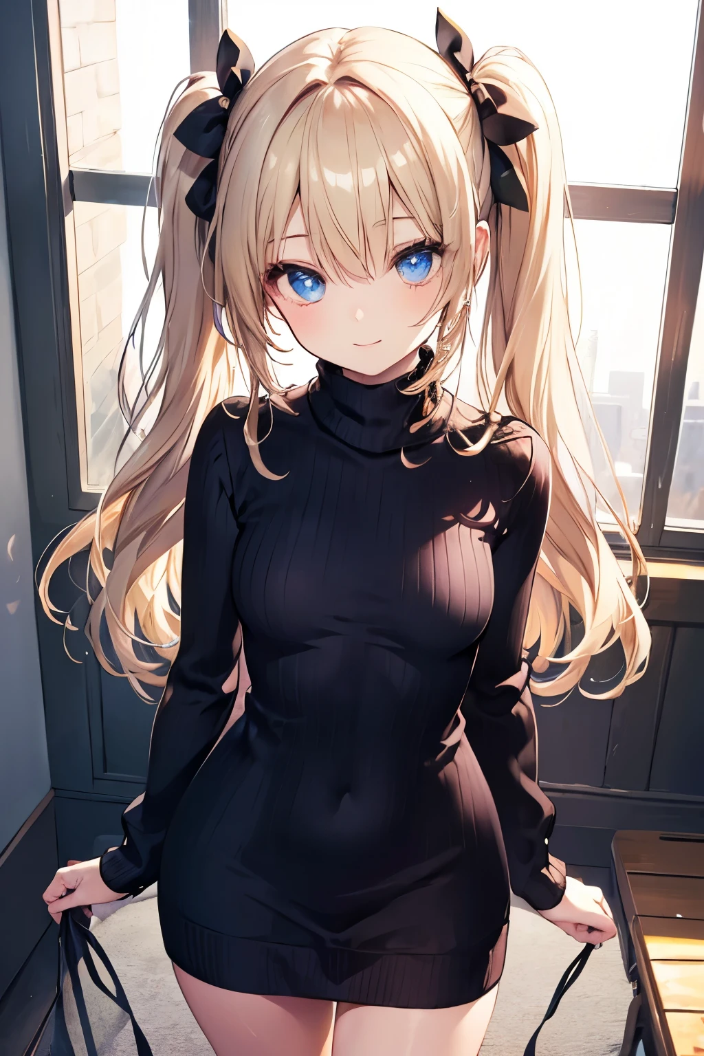 ((super masterpiece))、blonde、blue eyes、girl、Small breasts、Twin tails、girl、Small breasts、****ta、Bright smile、Looks about 15 years old、Petan Musume、short、目のhighlight、Sexy thighs、Walking Outside、blue sky、(No sleeve, Perfect fit, High neck ribbed sweater dress:1.3)、(Real Detail:1.5)、(( Fine Eyes, Beautiful Eyes, Perfect Eyes,Curl your eyelashes, Realistic eyes))、Your eyes are so beautiful、highlight