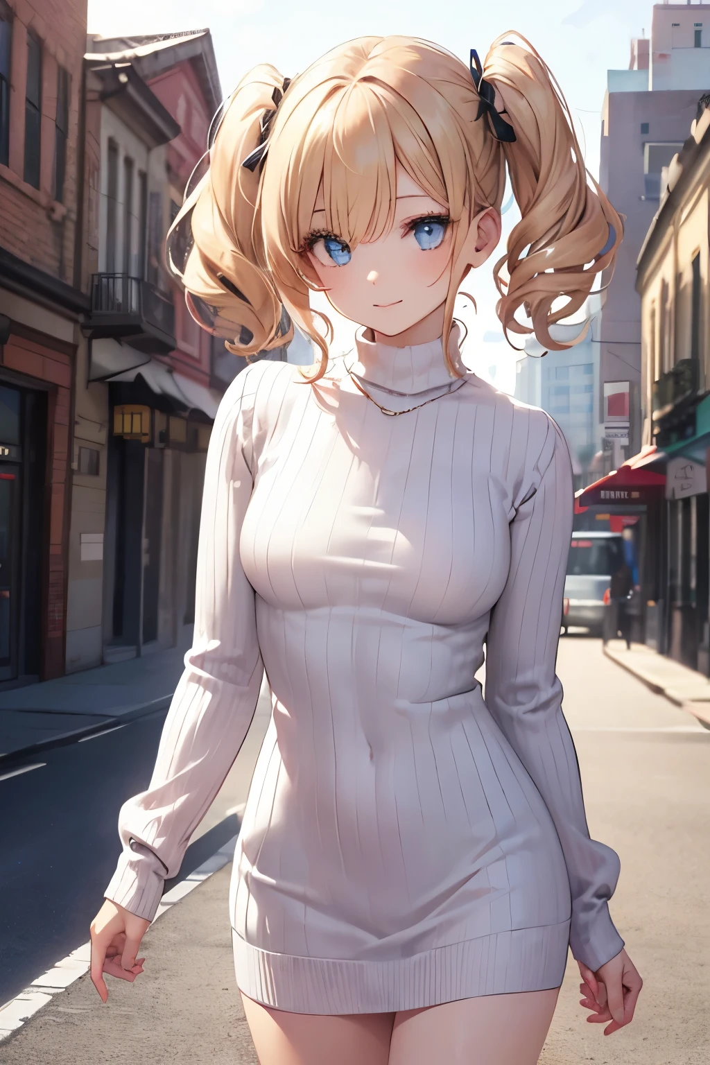 ((super masterpiece))、blonde、blue eyes、girl、Small breasts、Twin tails、girl、Small breasts、Lolita、Bright smile、Looks about 15 years old、Petan Musume、short、目のhighlight、Sexy thighs、Walking Outside、blue sky、(No sleeve, Perfect fit, High neck ribbed sweater dress:1.3)、(Real Detail:1.5)、(( Fine Eyes, Beautiful Eyes, Perfect Eyes,Curl your eyelashes, Realistic eyes))、Your eyes are so beautiful、highlight