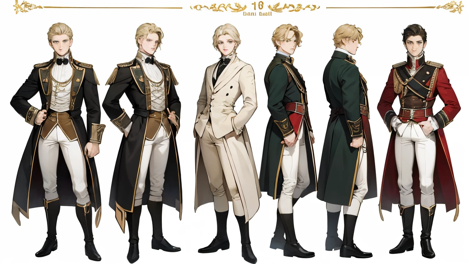 one man((character concept, character_sheet, full_body)),masterpiece, best quality, Practical, (absurd, High resolution, Super detailed), Europe in the 18th century,noble male,aristocratic charm,youth,blond,curls,green eyes, 19 years old,Handsome and elegant,Men&#39;s clothing with stylish taste,Confident and charismatic,Delicate and meticulous, high quality,((White background))