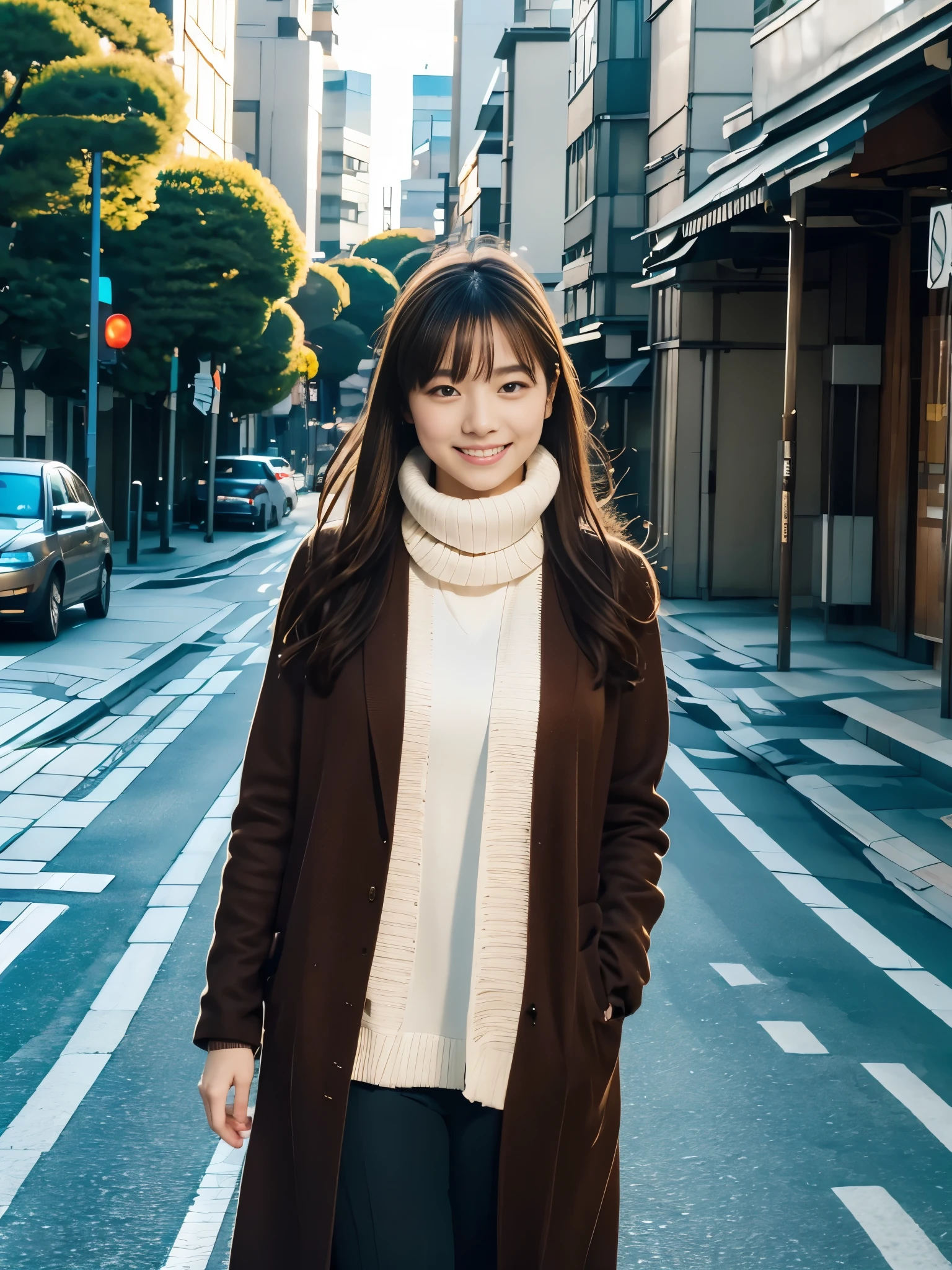Photoreal, 8K full-length portrait, Beautiful woman, attractive look, Clear system, , Tokyo city, winter, Shibuya in the background