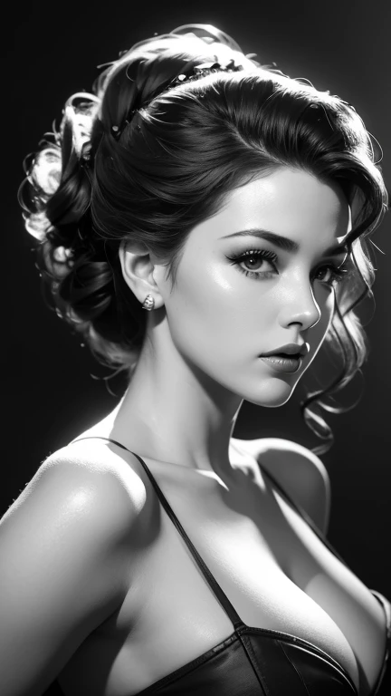 A grayscale photo genie of a woman done in a style reminiscent of classic 1950s pin-up art photography. She exudes a sense of confidence and allure, with her hair styled in an elaborate vintage updo featuring curls and waves that suggest both elegance and playfulness. The artistic quality of the photographic emphasizes detail and contrast, cinematic shading techniques to create depth and texture, particularly noticeable in the elaborate hairstyle and expressive features.