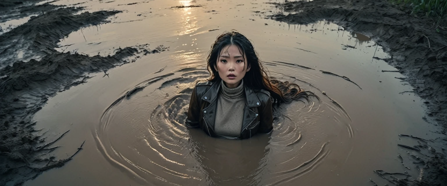 8k, ultra-detailed, from afar view:1.2, documentary drama photo, grainy film photo, masterpiece,muted colors, muffled light, dusk, rainy, moody, noir, drowning, woman messy head completely drown in mud hole, shame expression, beautiful long brunette hair, depraved outfit,asian:0.5, from above view, faded leather jacket,light turtleneck,