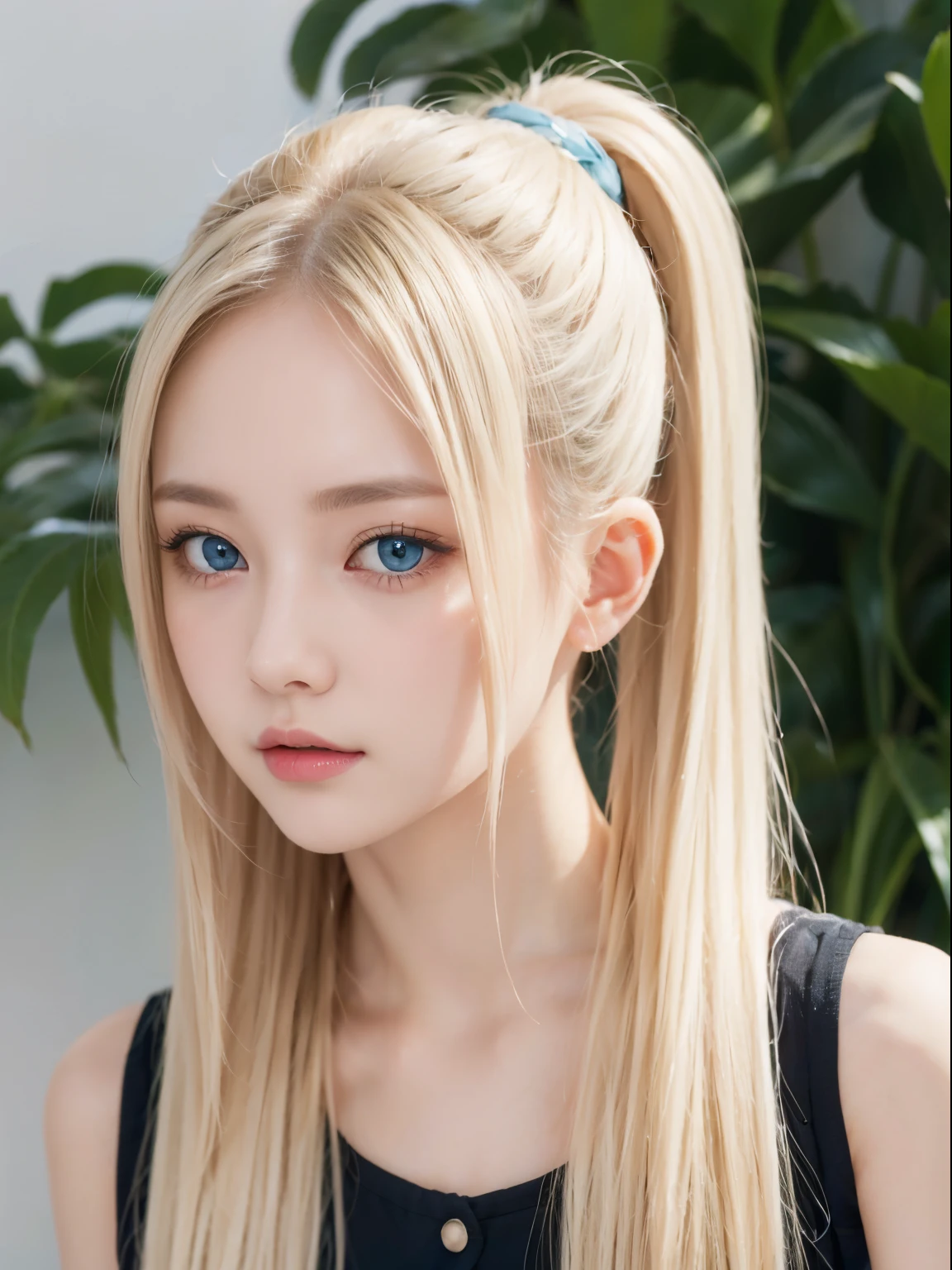 blonde hair with ponytail、long hair with beautiful face、very cute beautiful sexy 、Very perfect, beautiful and cute face、Clear, beautiful, cute eyes、Beautiful pale blue eyes shining、white-skinned、Dazzlingly shiny skin、