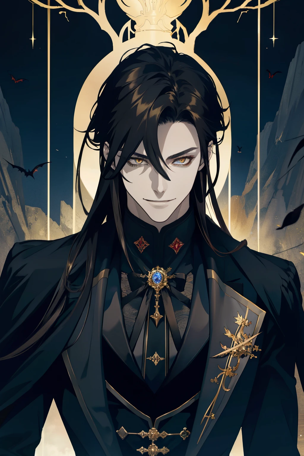 masterpiece、need、1 male、AS-Adult、Tall and muscular man、Dark Theme、vampire、Golden Eyes，Brunette color hair，Kindness，(Upper body)，Black tailcoat，smile，care，Solid Color