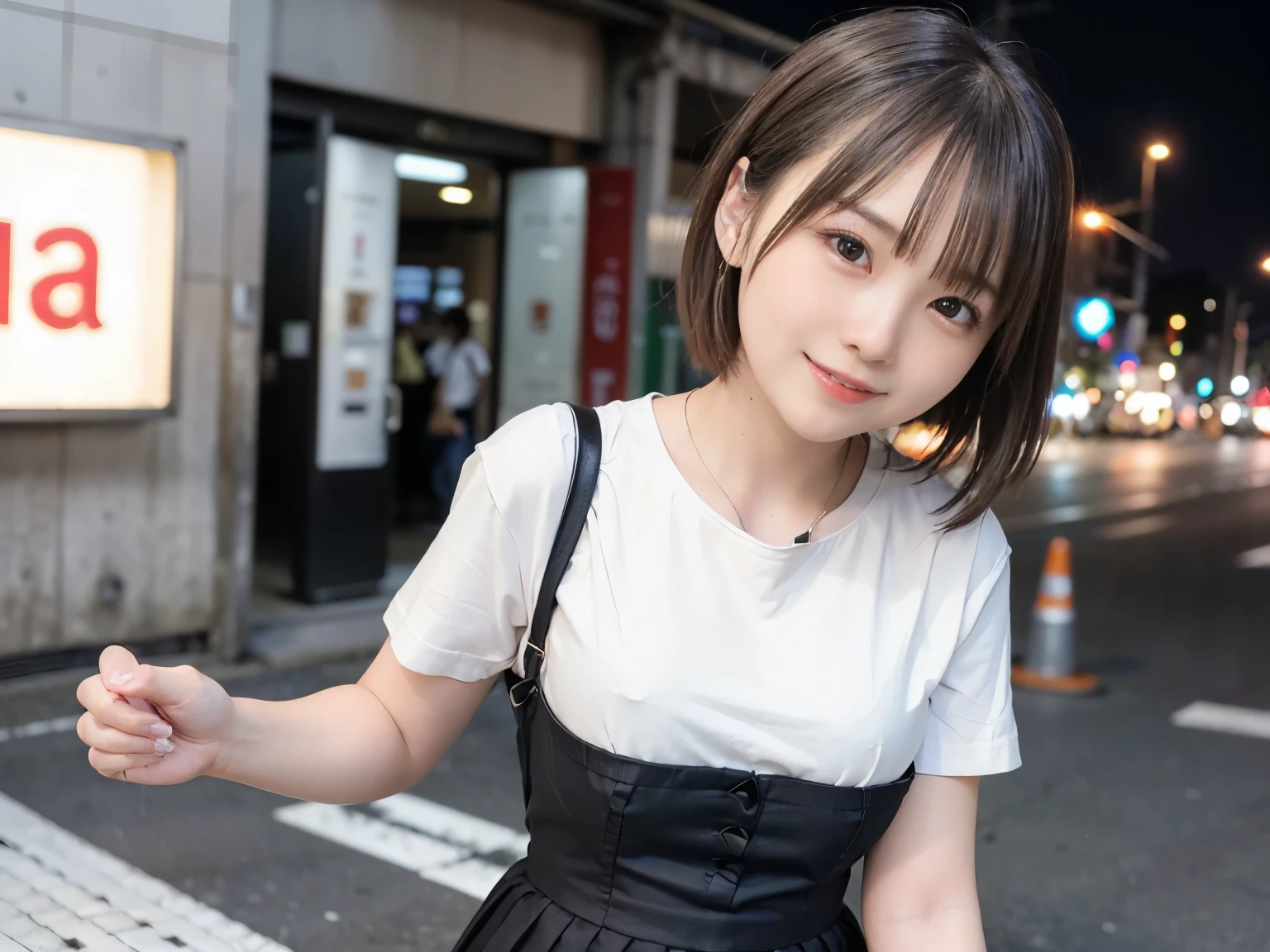 1 girl, Tokyo Street, night, Cityscape, City lights, Short-sleeved T-shirt,Pleated skirt, smile, (8k, RAW Photos, highest quality, masterpiece: 1.2), (Genuine, photoGenuine: 1.37),Short Hair、Shortcuts,smile,Idol,