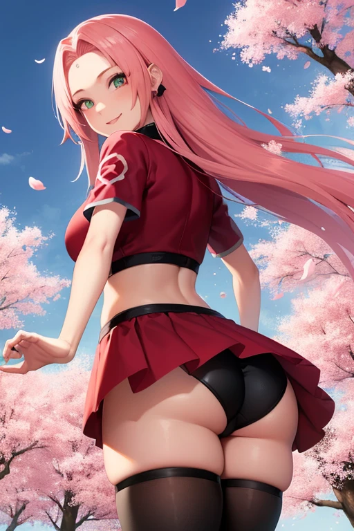 tmasterpiece， Best quality at best， 1girll， Sakura Haruno， medium breasts, smile，with pink hair， long whitr hair， （Green eyeballs:1.4)， Forehead protection， the cherry trees，Cherry blossoms flying，Red dress Cleft thighs, short tight pants ,she ass is in front cam, big ass, outfit short panties black  and on top a short crop top, she often a view on her ass front cam