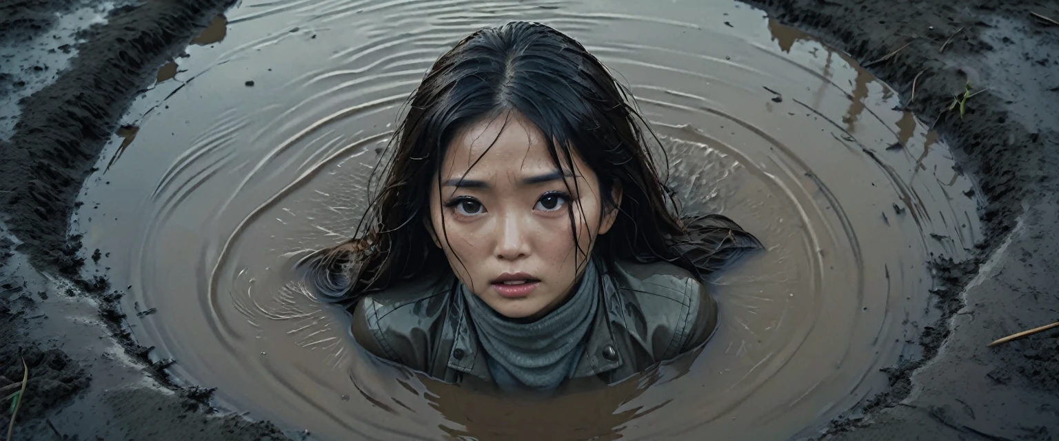 8k, ultra-detailed, from afar view:1.2, documentary drama photo, grainy film photo, masterpiece,muted colors, muffled light, dusk, rainy, moody, noir, drowning, woman messy head completely drown in mud hole, shame expression, beautiful long brunette hair, depraved outfit,asian:0.5, from above view, faded leather jacket,light turtleneck,