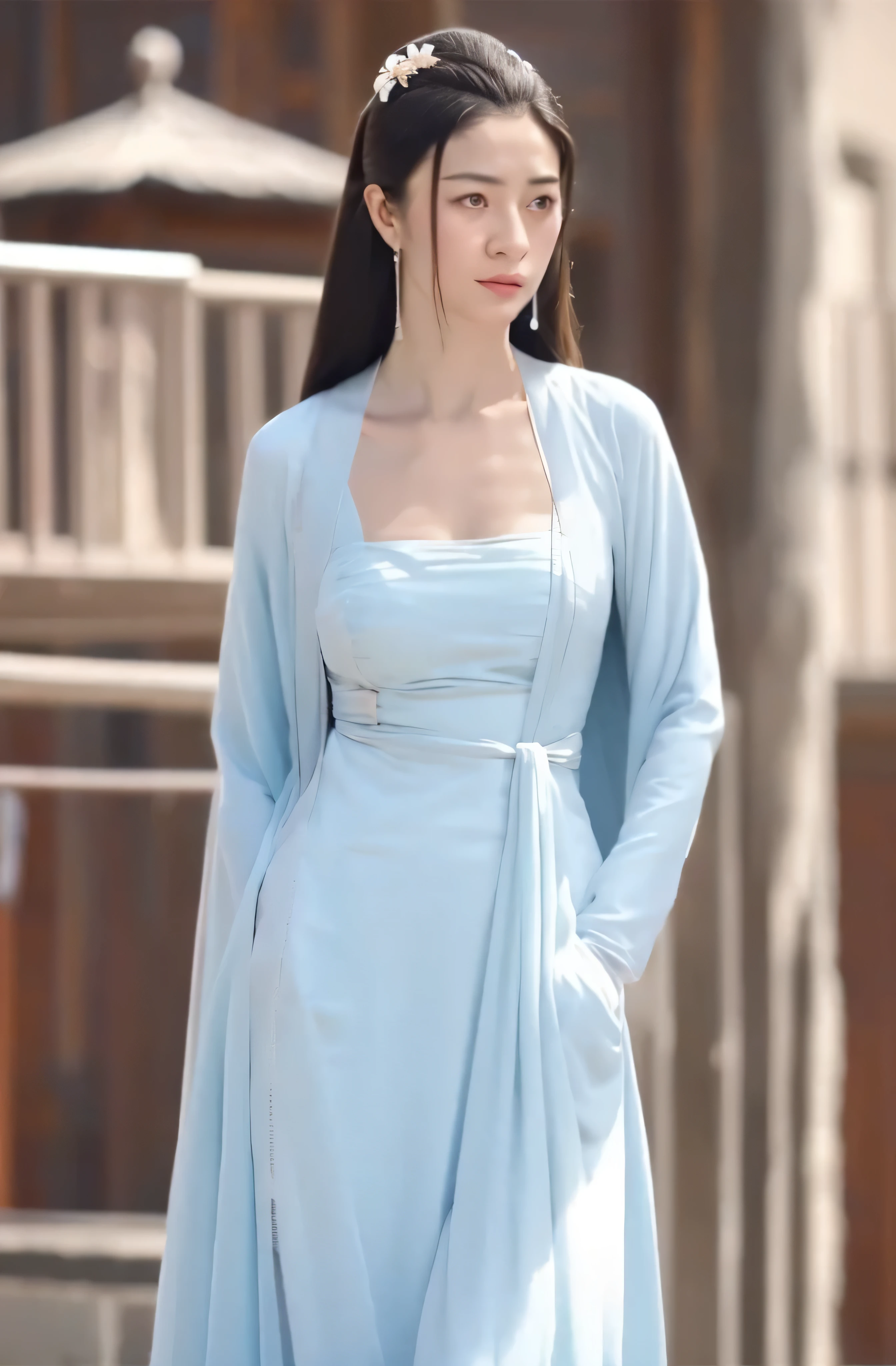 A beautiful woman，alone，Full breasts，Wearing a light blue silk dress