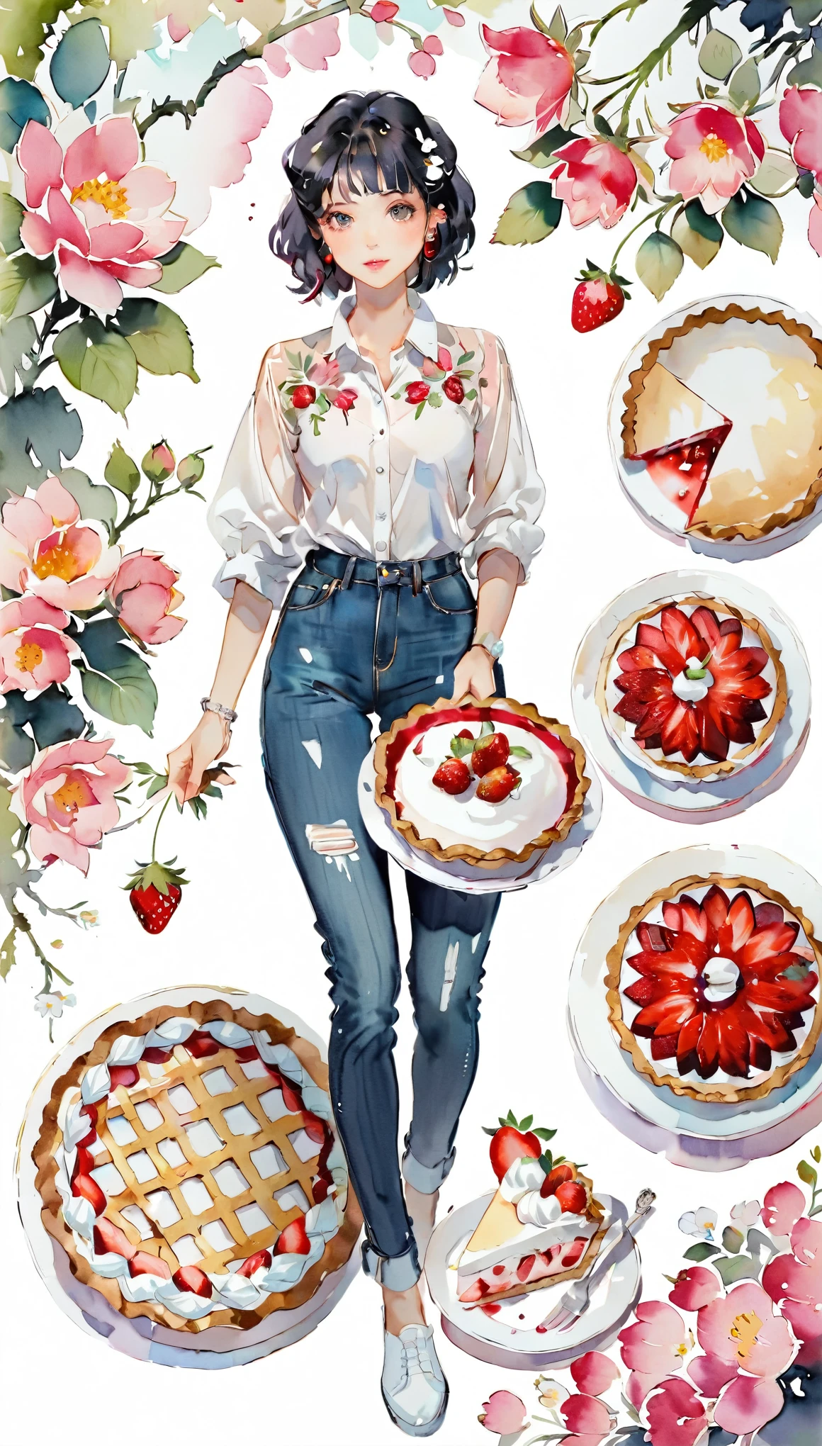(((paper cutting style))), 1 girl, black hair, short hair, portfolio, shirts, denim, strawberry pie