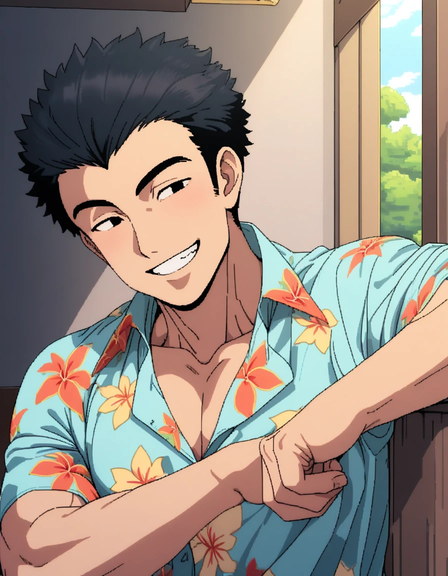 1man, reportage writer, masculine uncle, 35yo, middle-muscular, black hair, short hair, little bangs, forehead, oval shaped, friendly, loose mature, charming sanpaku, black eyes, ordinary, dandy, soft chinpira, ugly face, solo, upperlegs, aloha shirt, charming smile, standing, 1990s, visual novel, extreme all detailed, 8k, sharp vision, masterpiece, best quality