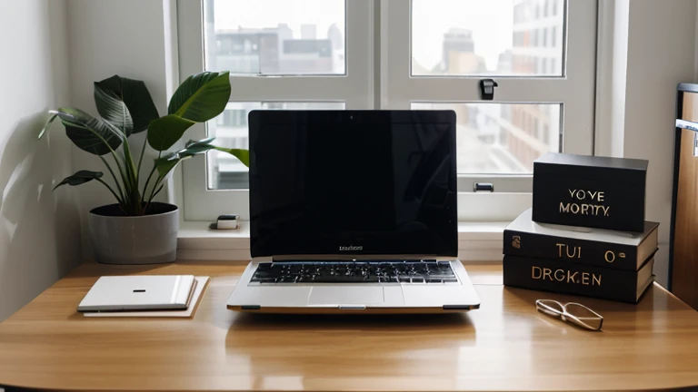 laptop stands in the office on a copywriter’s desk during the day
