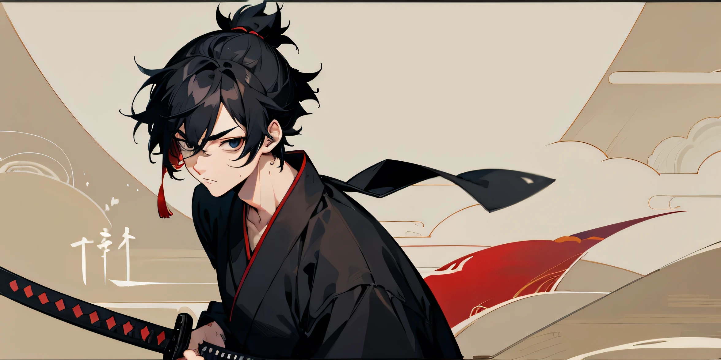 Anime style,Male,samurai,Black hair,black eyes,katana sword,samurai clothing,kanji writing,left eye scar,forest with village chinese Background