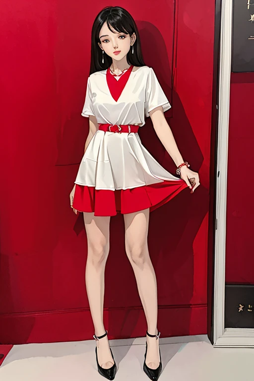 highest quality、masterpiece、High sensitivity、High resolution、Slim Body、Red mini skirt、white round collar shirt、Red pumps、