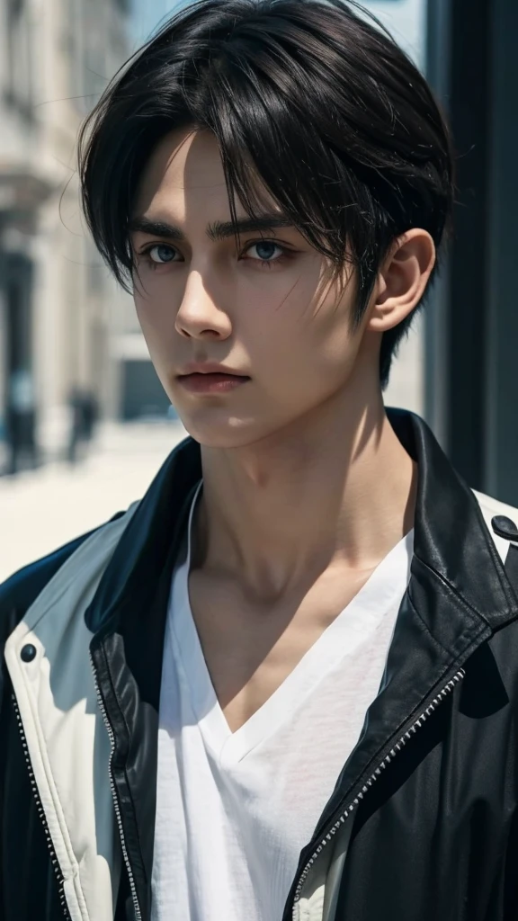 eren_yeager, white shirt, black jacket, solo, realistic, detailed skin