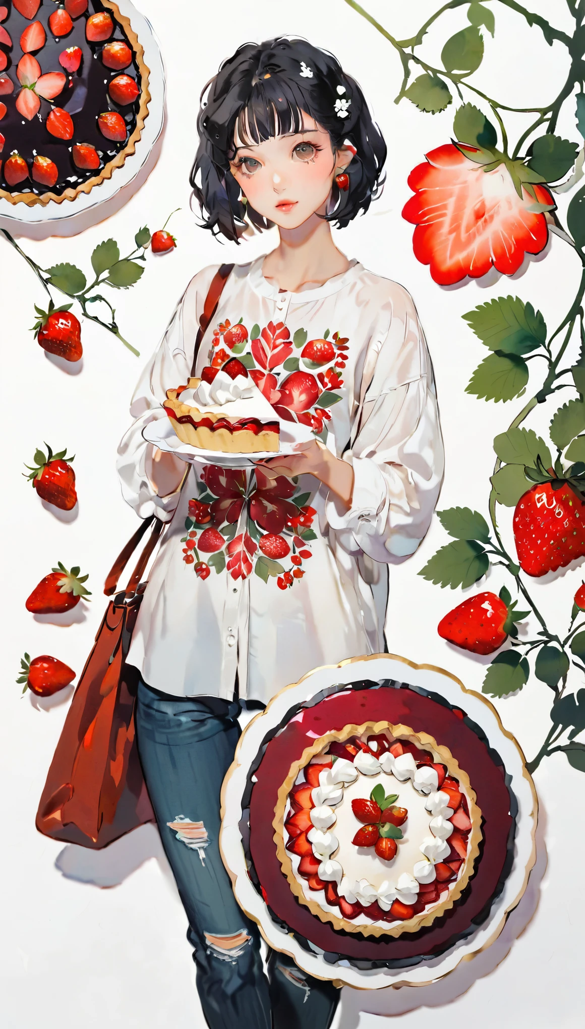 (((paper cutting style))), 1 girl, black hair, short hair, portfolio, shirts, denim, strawberry pie