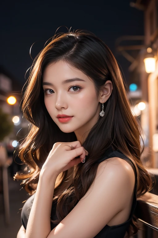 highest quality、4K、Perfect Face、Perfect Style、Sunburn、beautiful、mature、long curly layer brown hair、Swept-back hair、full body, sexy 、charming、healthy、dinner、black dress、wine、pasta、at night、rose bouquet