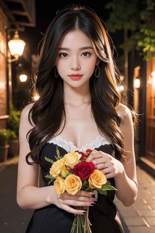 highest quality、4K、Perfect Face、Perfect Style、Sunburn、beautiful、mature、long curly layer brown hair、Swept-back hair、full body, sexy 、charming、healthy、dinner、black dress、wine、pasta、at night、rose bouquet