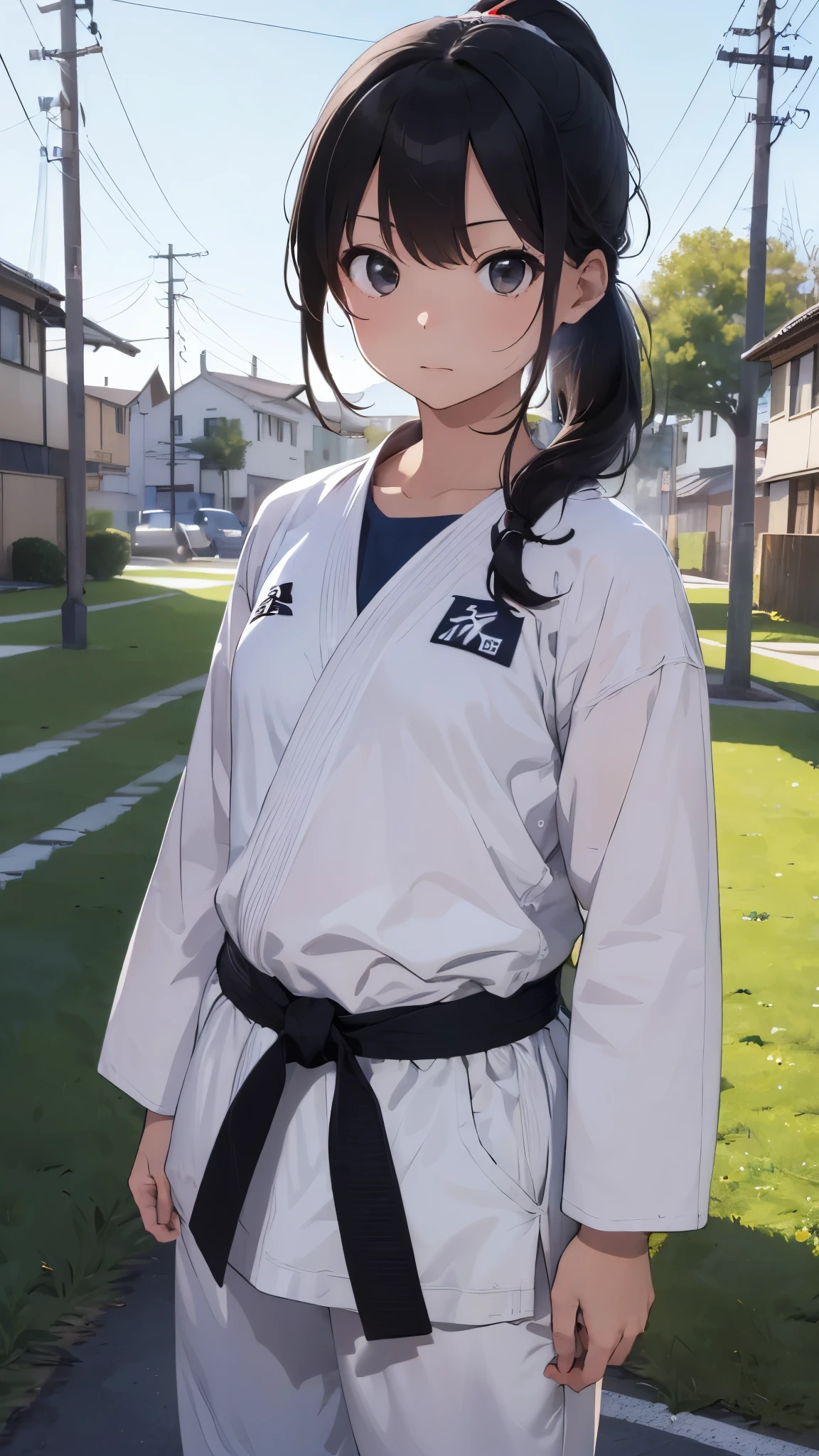 ((masterpiece, best quality, ultra-detailed, very fine 8KCG wallpapers)), 1girl, solo, Slightly chubby, medium hair, black hair, ponytail, black eyes,Judo player、Long sleeve judo uniform、Long judo pants、Judo、Serious expression、judo field、On the tatami、Fighting、Ready for battle、