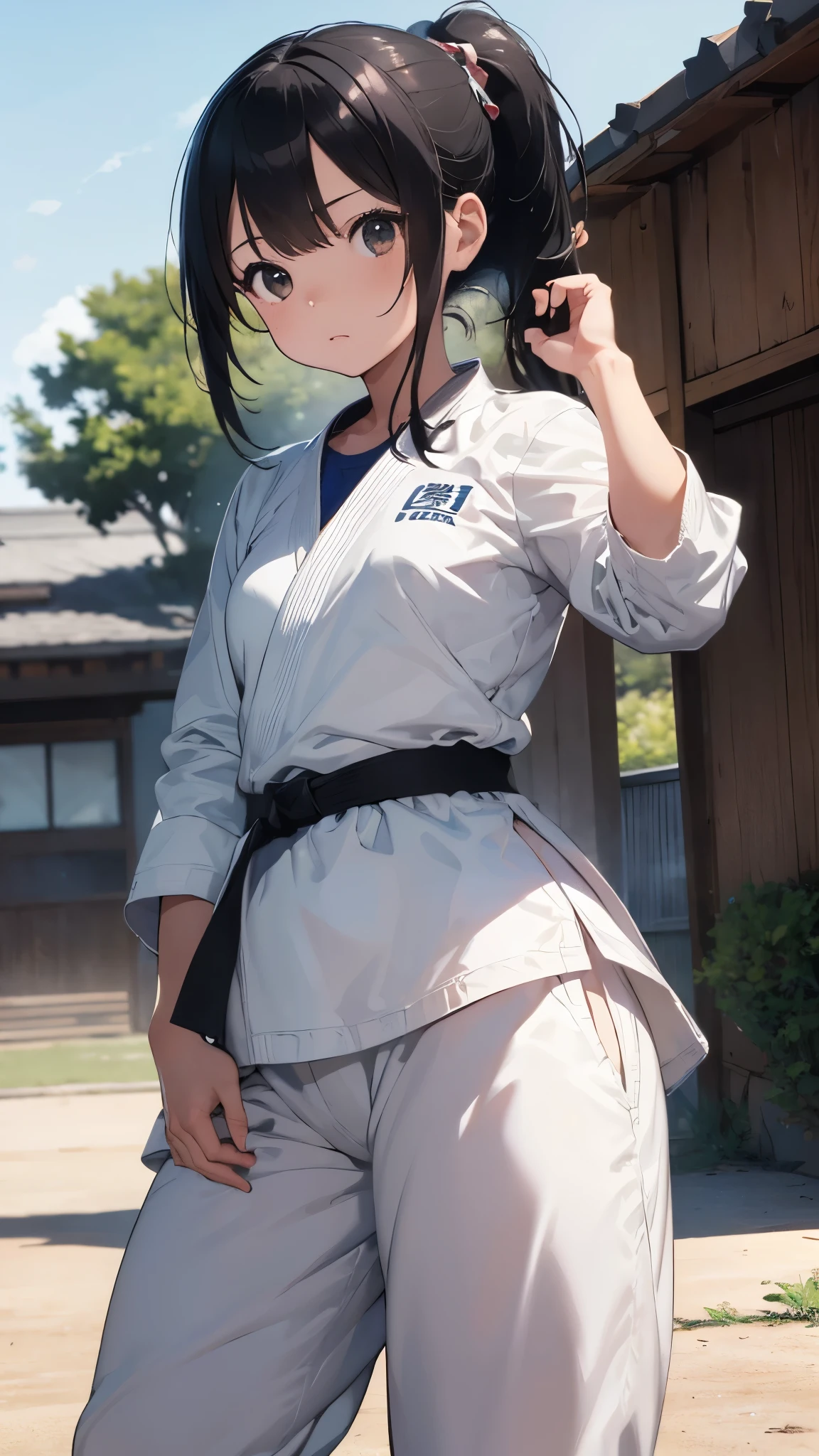 ((masterpiece, best quality, ultra-detailed, very fine 8KCG wallpapers)), 1girl, solo, Slightly chubby, medium hair, black hair, ponytail, black eyes,Judo player、Long sleeve judo uniform、Long judo pants、Judo、Serious expression、judo field、On the tatami、Fighting、Ready for battle、