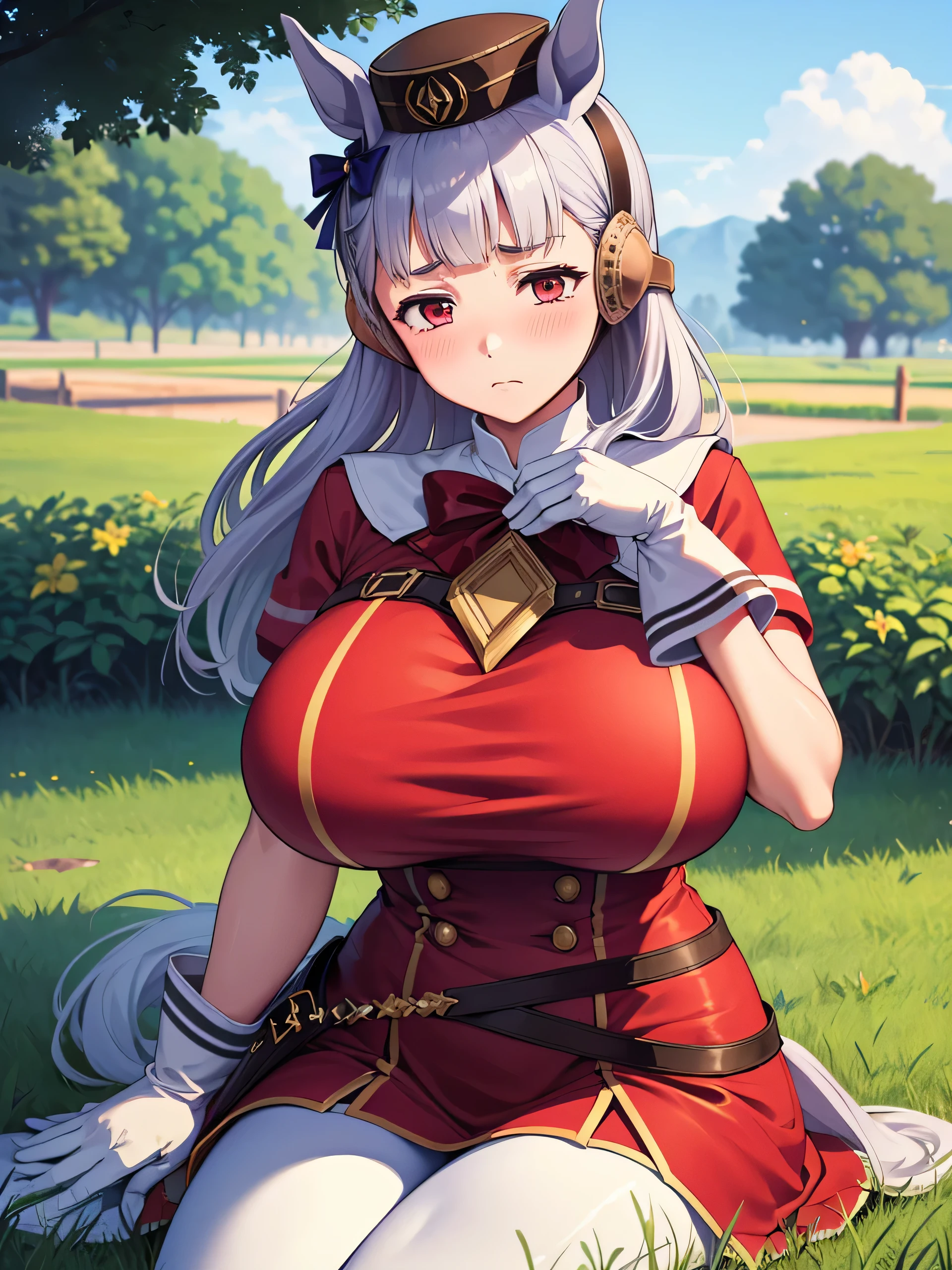 Dark color depiction、(masterpiece, highest quality:1.2), alone, One girl, umpd gold ship, pillbox hat, Red dress,No sleeve, White Pantyhose, White gloves、boots, Horse tail,、grassland、Nature、blush、Embarrassed、running、Feel the wind、summer、Cowboy Shot、sit、Upper body close-up、(Huge breasts:1.4)