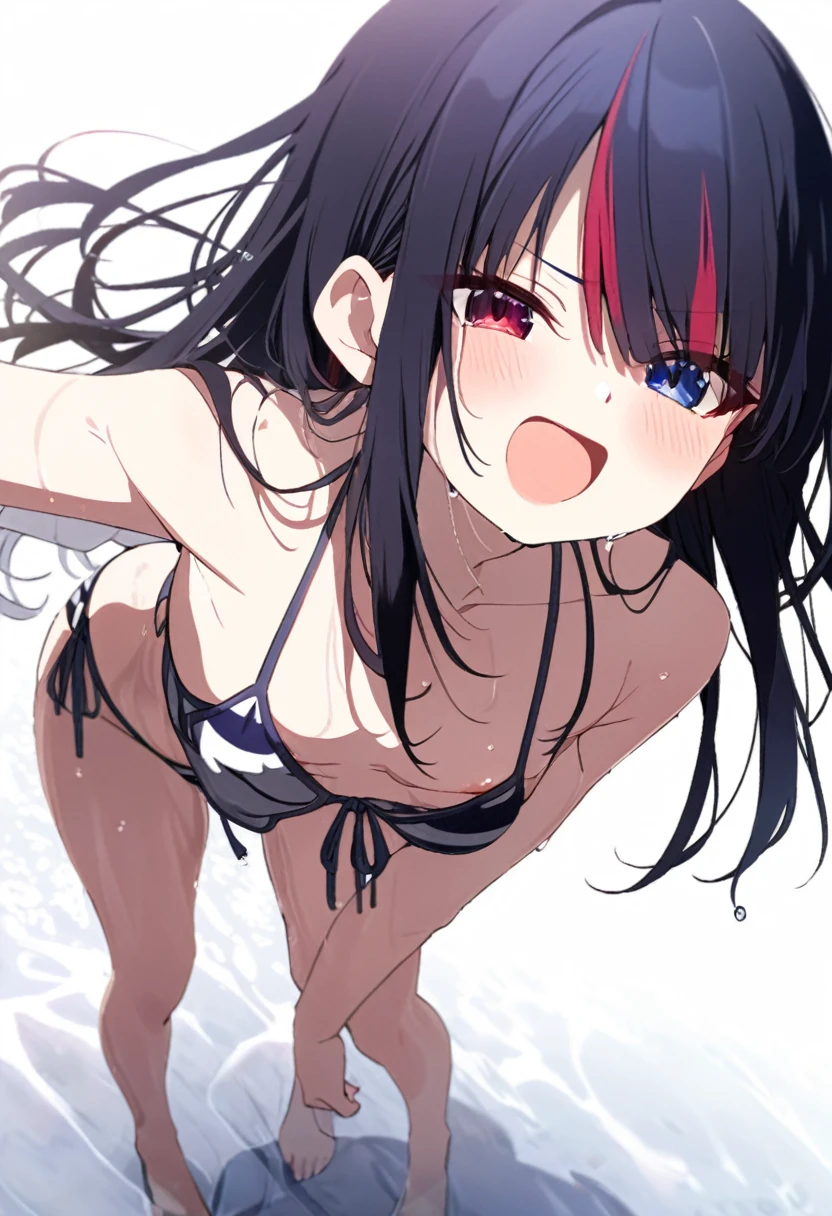Beautiful girl at s old,Japanese,,,Small and slim,Flat Chest,Small breasts,Baby Face,Small face,Black Hair,Twin tails,middle School girls,Micro Bikini,open mouth,tongue out,Kneeling and sitting,Tie hands behind back,Wearing a blindfold,Beautiful and detailed anime art,high angle, looking at viewer, looking ahead, from above,cowboy shot,Sexy vibe,cum on tongue,On the bed