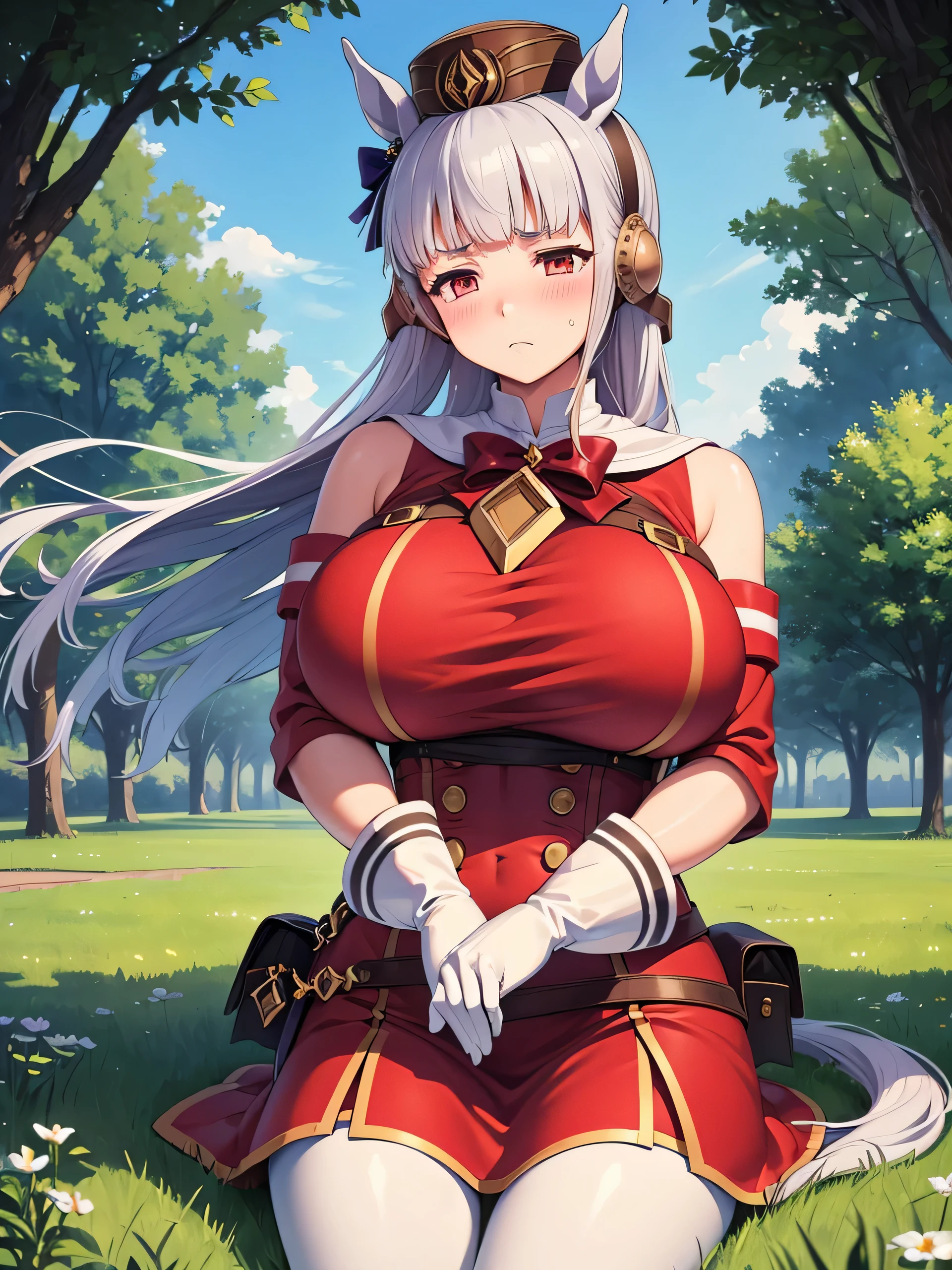 Dark color depiction、(masterpiece, highest quality:1.2), alone, One girl, umpd gold ship, pillbox hat, Red dress,No sleeve, White Pantyhose, White gloves、boots, Horse tail,、grassland、Nature、blush、Embarrassed、running、Feel the wind、summer、Cowboy Shot、sit、Upper body close-up、(Huge breasts:1.4)