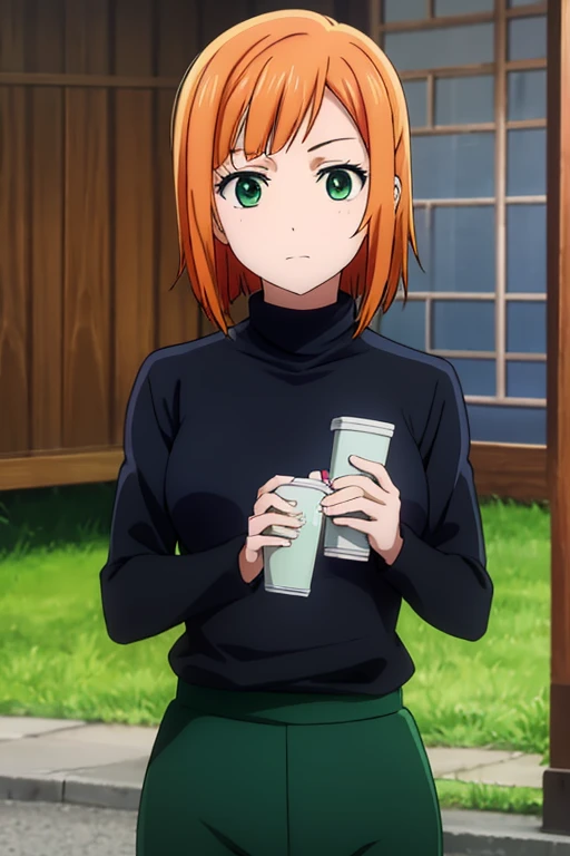 anime, detailed,short orange hair, green eyes, dark green pants, white turtleneck blouse, his black green gakuran 